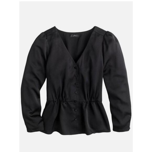 J.CREW Womens Long Sleeve Button Down Peplum Top in Black Satin Crepe Size 2 - Picture 1 of 11